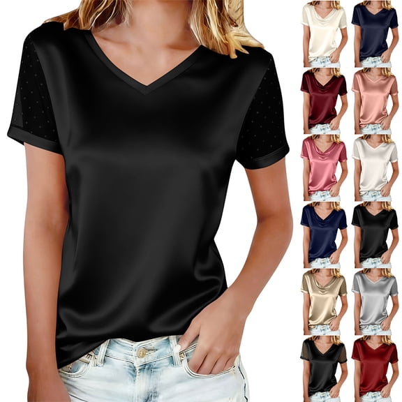 Otvok Women's Casual Solid Color Crotch Neck Mesh Rhinestone T-Shirt Top