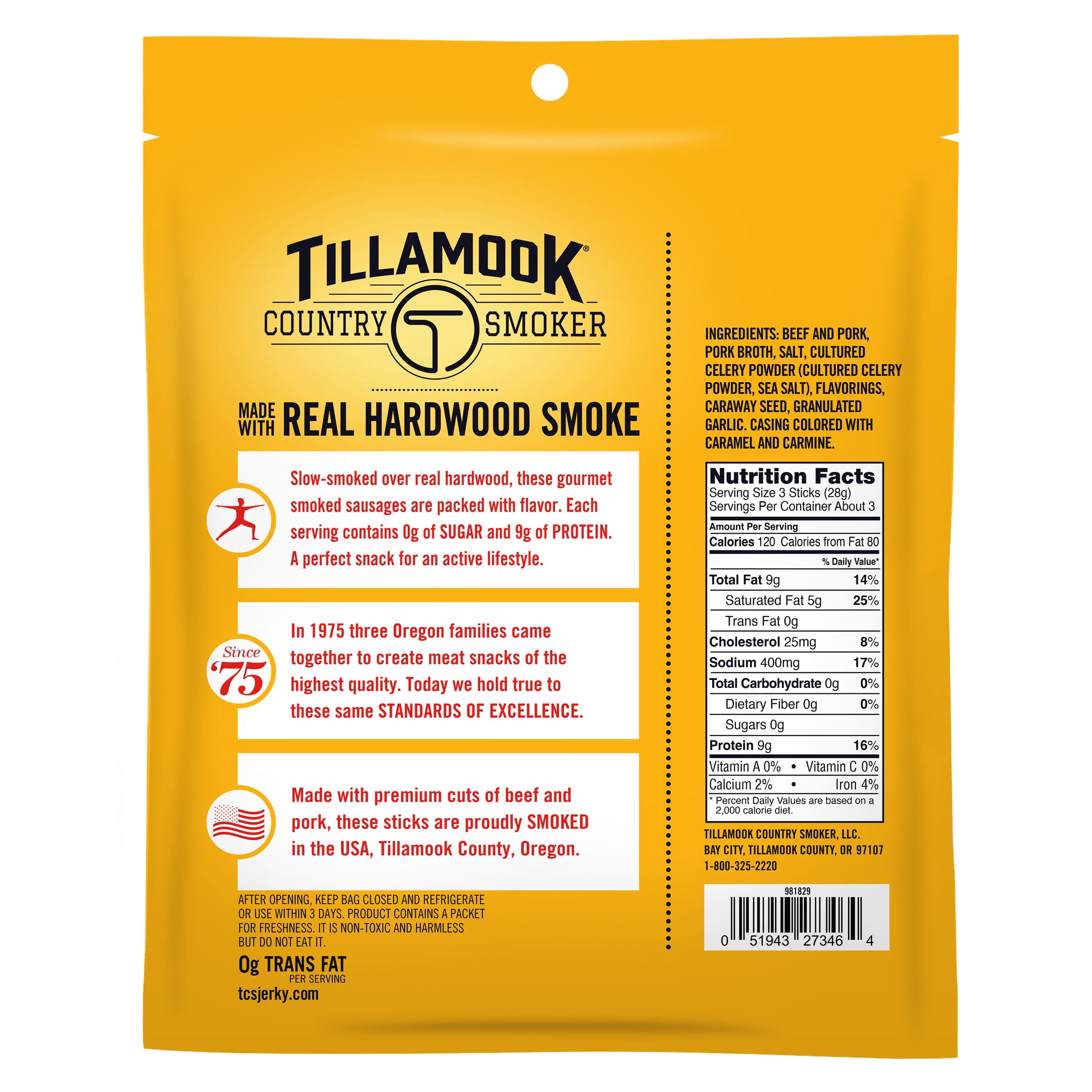 Tillamook Country Smoker Original Zero Sugar Smoked Sausages, 9g Protein per Serving, 3 Oz