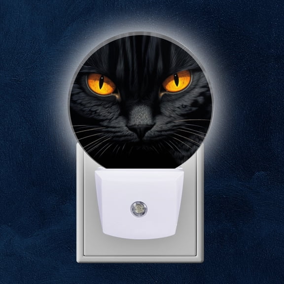 Round LED Night Lights Lamp with Dusk to Dawn Sensor, Black Cat With Yellow Eyes With Dark Background Night Light Plug Into Wall for Kids Room, Bedroom, Bathroom, Kitchen, Hallway