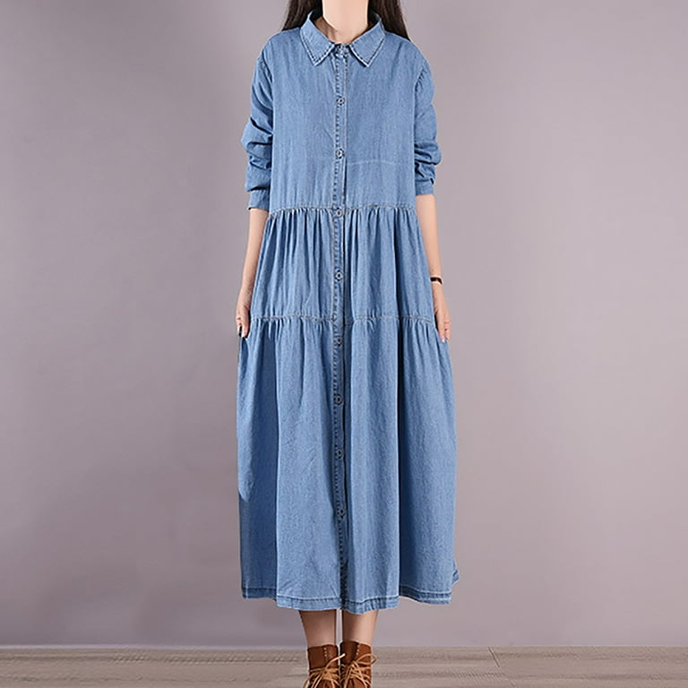 ワンピース Checkered Pleats Long Shirt Dress Cotton A-Line Plaid Shirt Dress