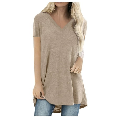 

Women Fashion Plus Size Print V Neck Short Sleeved Long T-shirt Blouse