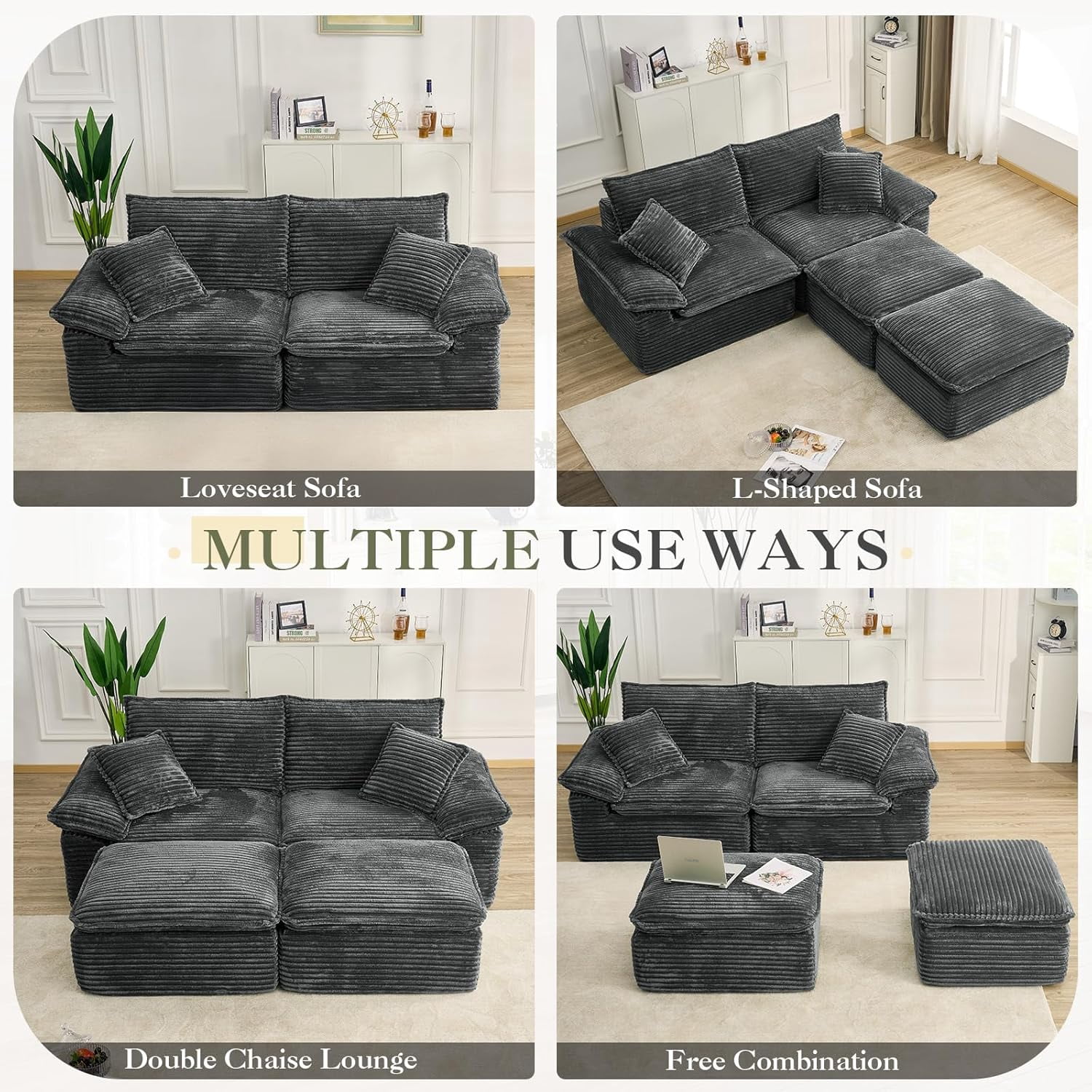 Aukfa 4-Piece Modular Sectional Sofa, Corduroy Convertible Double Chaise Lounge with Ottomans, Grey