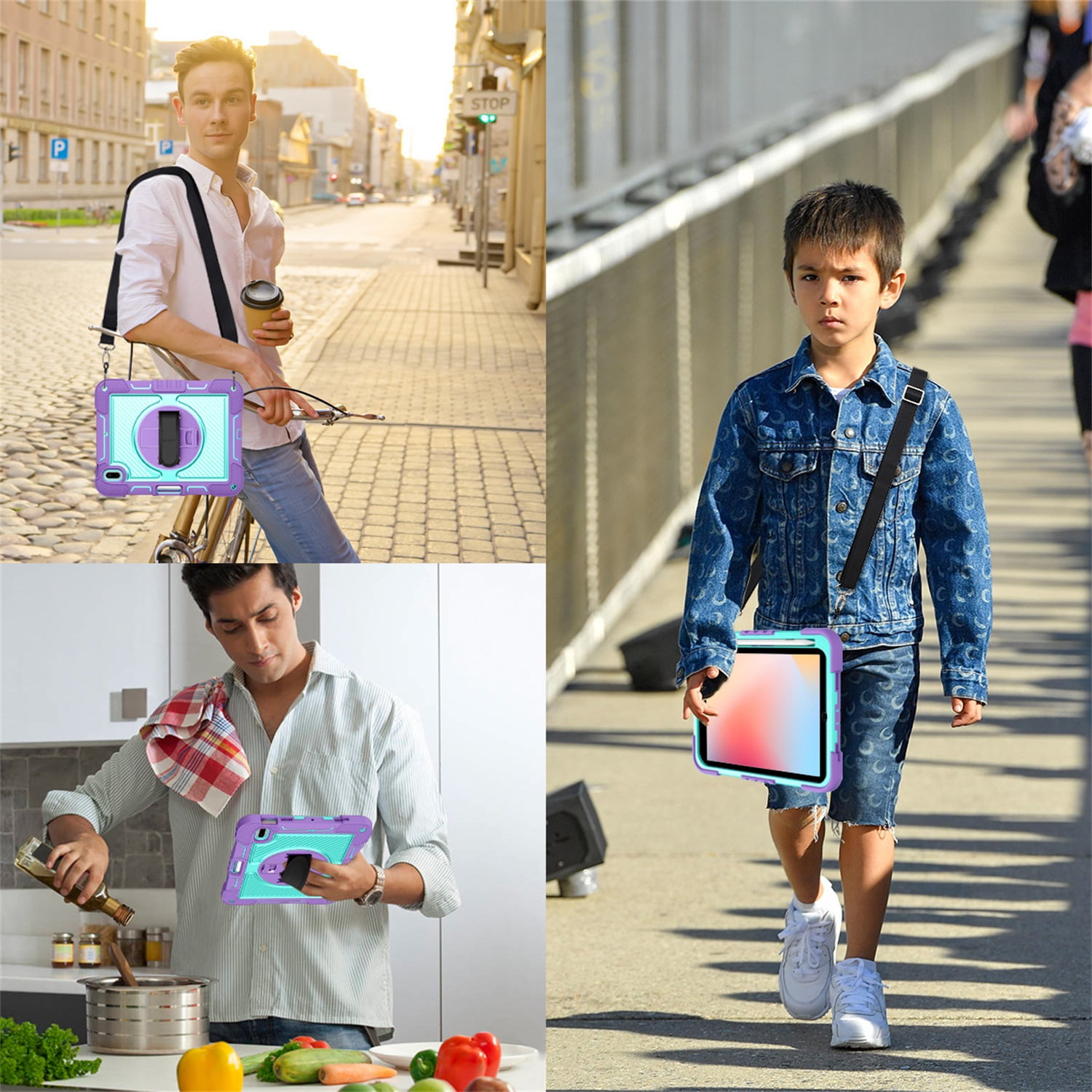 Tarise Case for Apple iPad 10th Generation 10.9" (2022), 360° Rotating Kickstand with Pencil Holder/Hand Strap/Shoulder Strap Hard PC Rugged Silicone Shockproof Bumper Stand Cover,Purple + Mint Green