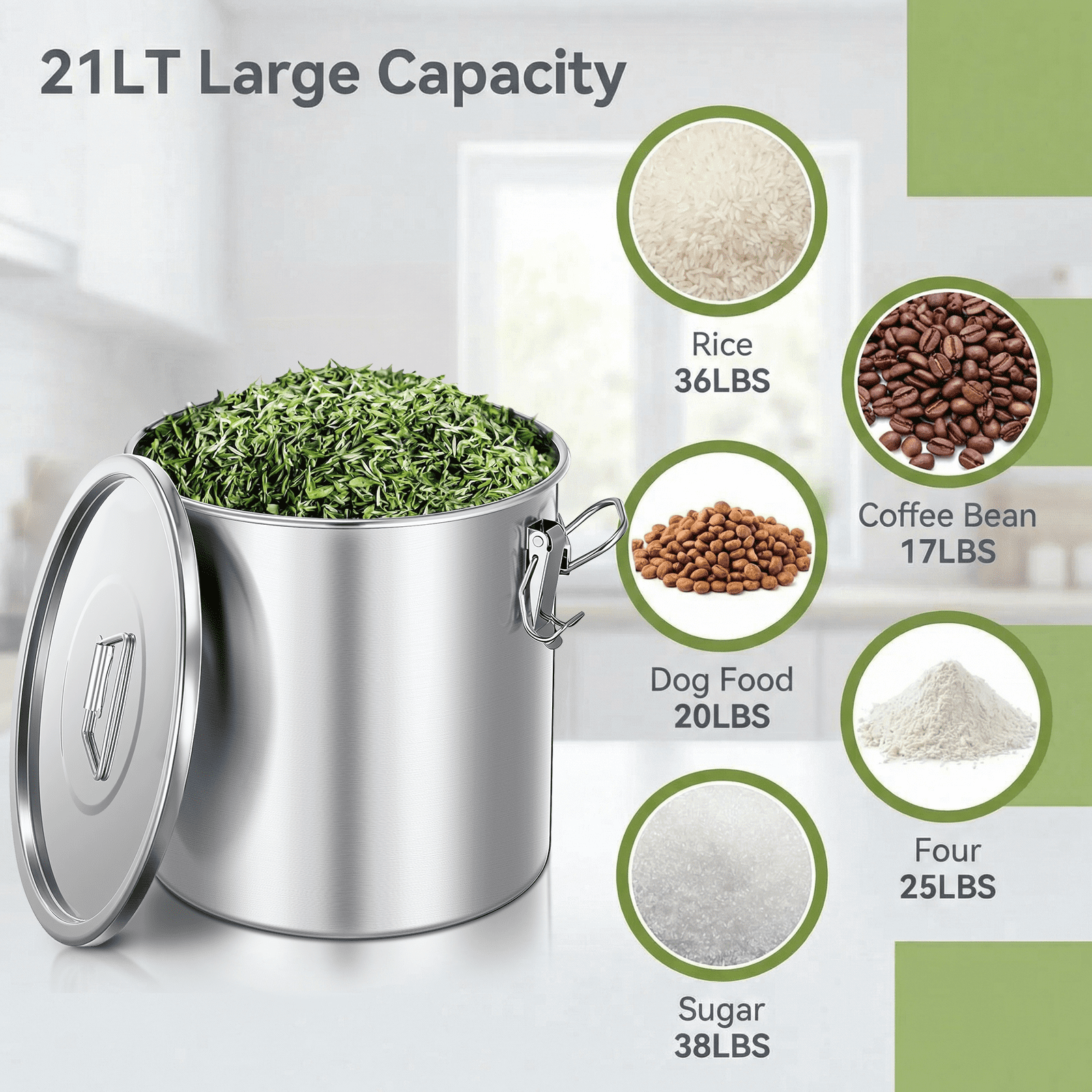 FOHERE 21 LT Stainless Steel Airtight Canister for Kitchen, Rice Food Storage Containers,10-25Lbs Metal Bucket Food Storage Container for Rice, Flour, Grain, Coffee