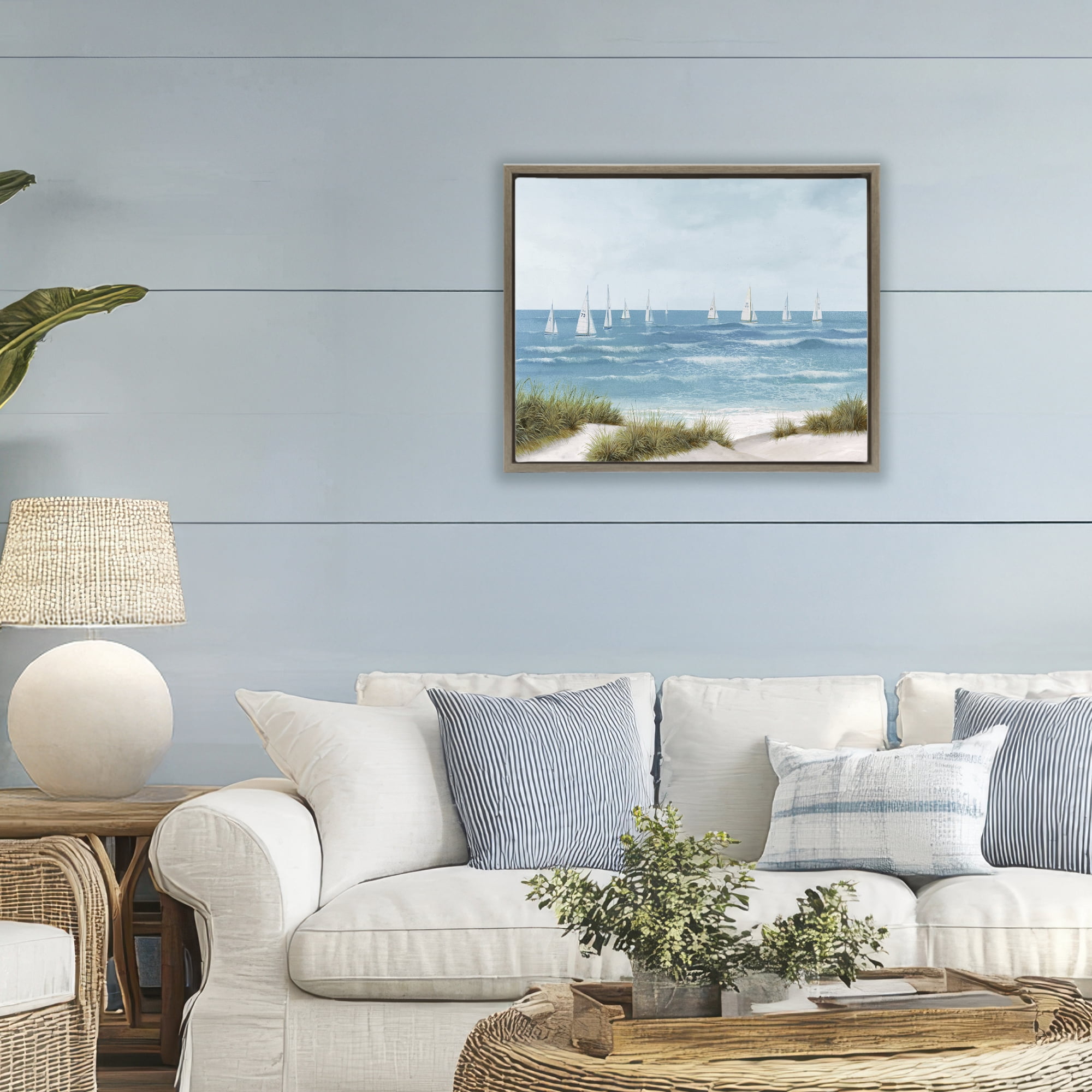 Stupell Industries Sail Away Seaside Boats Brown Framed Floater Canvas Wall Art, design by Lorenzo Collective