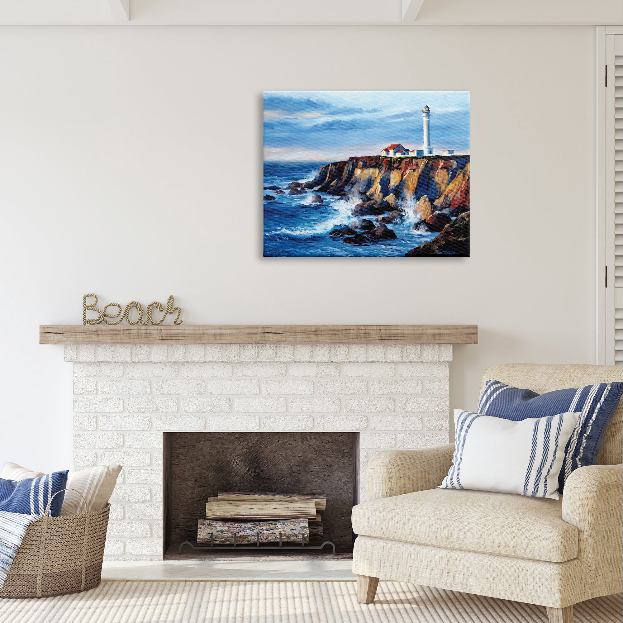 Stupell Industries Lighthouse on Sea Cliff Nature Painting Gallery Wrapped Canvas Art Print Wall Art, 40 x 30