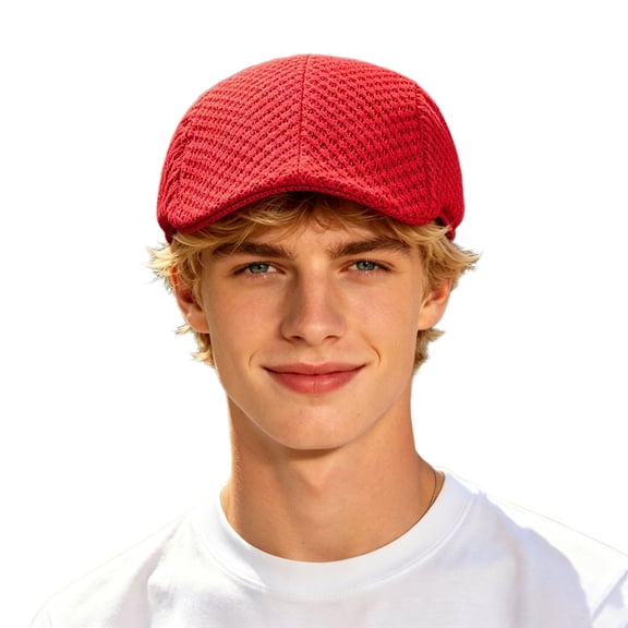Men Women Summer Mesh Newsboy Cap, Hollow Breathable Ivy Flat Cap, Lightweight Sun Visor Hat for Casual Outdoor Streetwear(Red)