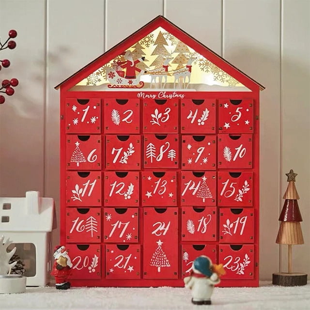 Calendario de Adviento navideño de madera con 24 cajones de almacenamiento, cuenta atrás de Casa de pueblo para Navidad, calendario de Cuenta regresiva recargable DIY