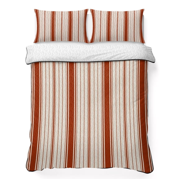 Quilts Twin Size Bedding Set, Red Striped Lightweight Quilted Comforter, Modern Minimalist Stripes Farmhouse Soft Reversible Bedspread Coverlet with Pillow Covers for All Season, 68" x 86"