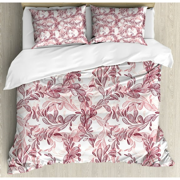 Floral Duvet Cover Set Queen Size, Romantic Nature Scroll Style Pattern with Hand Drawn Leaves and Petals, Decorative 3 Piece Bedding Set with 2 Pillow Shams, Maroon Coral White, by Ambesonne