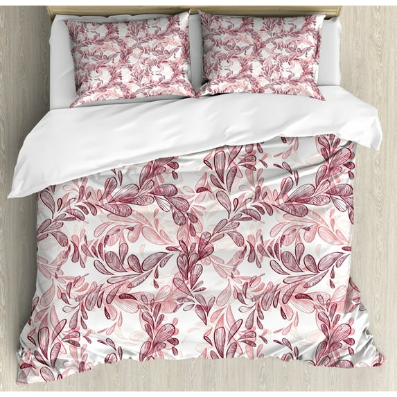 Floral Duvet Cover Set Queen Size, Romantic Nature Scroll Style Pattern with Hand Drawn Leaves and Petals, Decorative 3 Piece Bedding Set with 2 Pillow Shams, Maroon Coral White, by Ambesonne