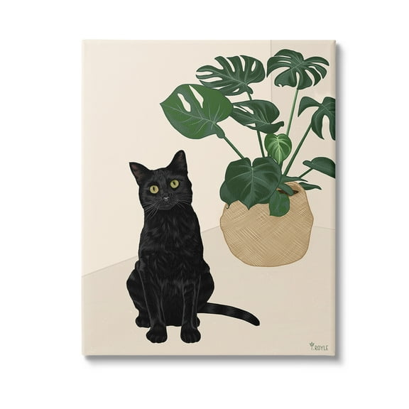 Stupell Industries Black Cat & Monstera Plant Animals & Insects Painting Gallery Wrapped Canvas Art Print Wall Art, 16 x 20