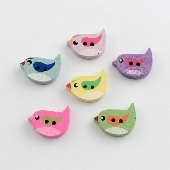 50pcs 2-Hole Printed Wooden Buttons Bird Mixed color 14x21x4mm Hole: 2mm