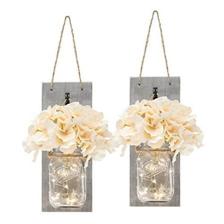 

Set of Two Lighted Sconces Country Rustic Mason Jar Wall Sconce HANGING MASON JAR SCONCES WITH LED FAIRY LIGHTS