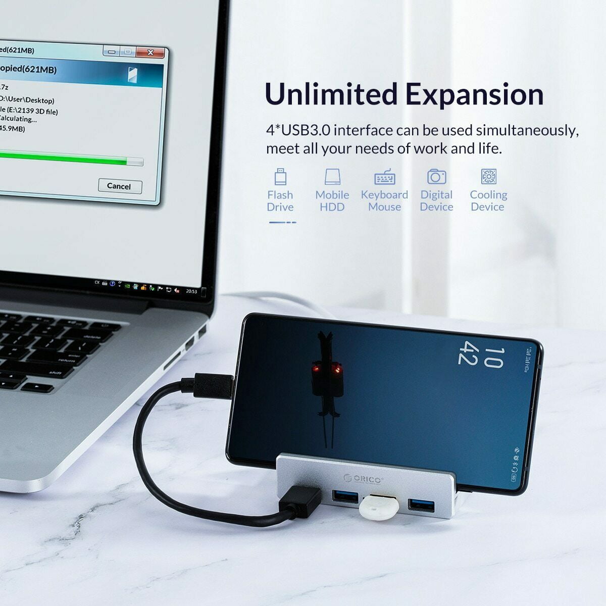 ORICO USB 3.0 HUB, Monitor-Edge and Desk-Edge USB 3.0 4-Port Clip-Type Hub