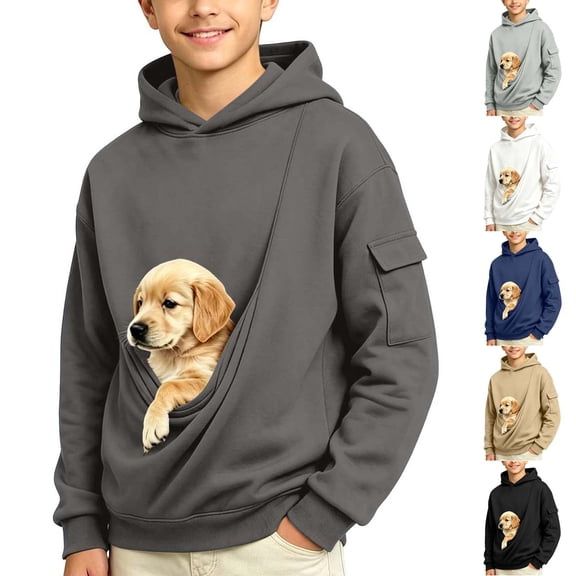 Xcmzpl Dogs Cats Pet Pouch Hoodie for Boy 5-15 Years Oversized Kangaroo Pouch Hoodies Carrier Cargo Sweatshirt Solid Animal Holder Long Sleeve Pullover