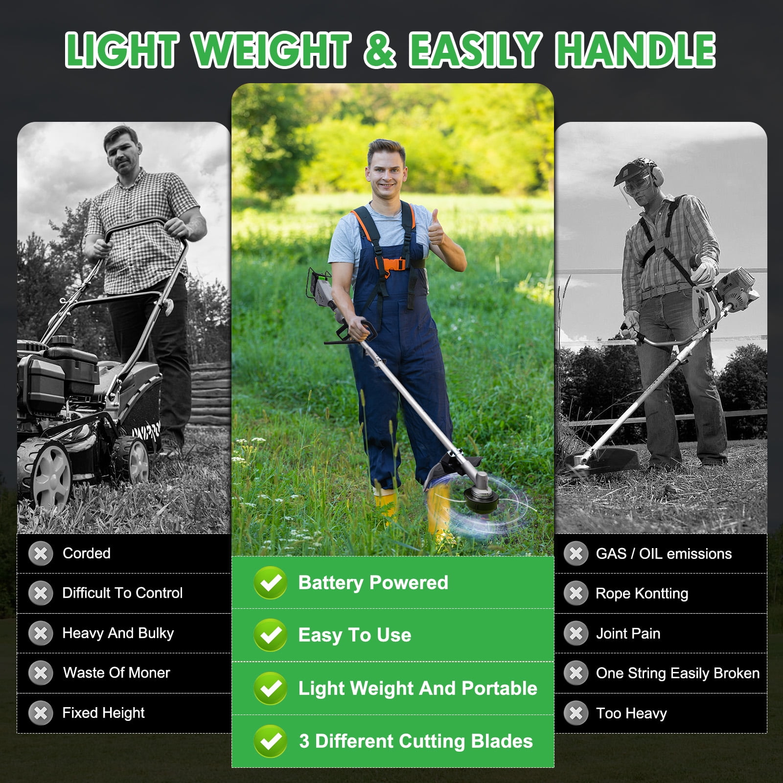 BAOKALER 40V Shaft String Trimmer with Outrunner Brushless Motor, 4AH 10C Battery and Charger, Line Bump Feed System