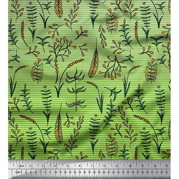 Soimoi Green Cotton Voile Fabric Artistic Leaves Stripe Print Sewing Fabric Yard 42 Inch Wide