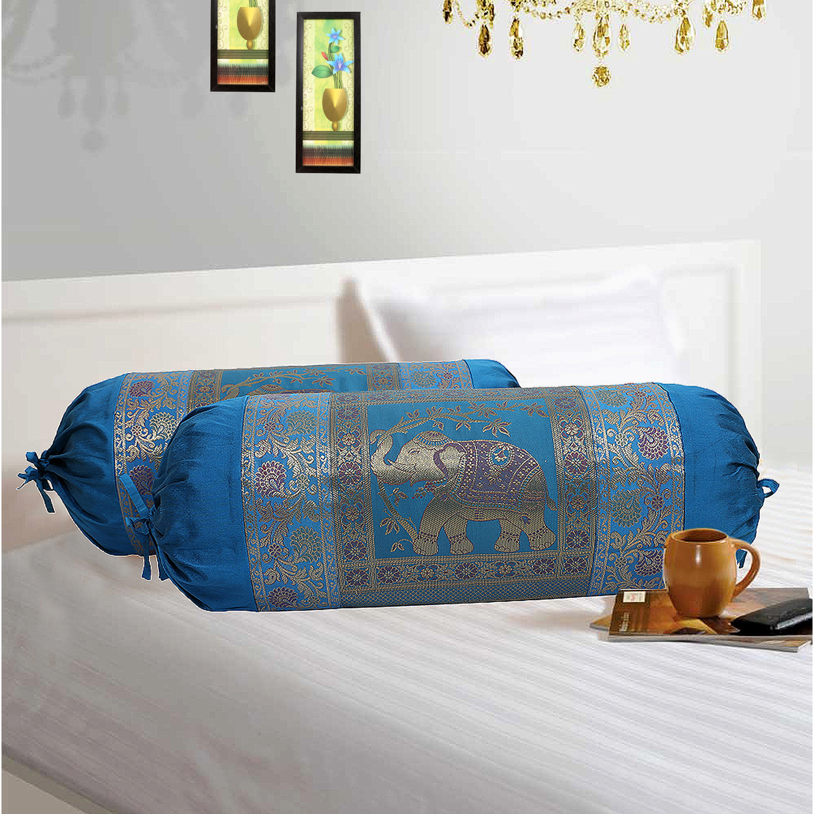Stylo Culture Traditional Polydupion Cylindrical Tube Pillow Bolster Pillow Covers Blue Elephant Jacquard Brocade Border Large Couch Round Cylinder