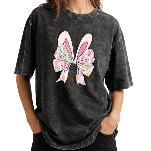 Cute Bunny Ear Colorful Bow Wash Print Tshirt S-2XL Acid Washed Black Graphic Tees Casual Shirts for Easter Tops