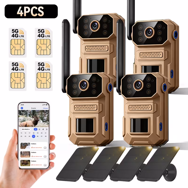 4G/5G LTE Cellular Solar Trail Camera, Bulk Farm Ranch Orchard, 4PCS Wireless Game Deer Hunting Camera, IP65 Waterproof, 4K 125° Wide Angle, 20W Solar Panel 6500mAh Battery, Outdoor Wildlife Farm Sec