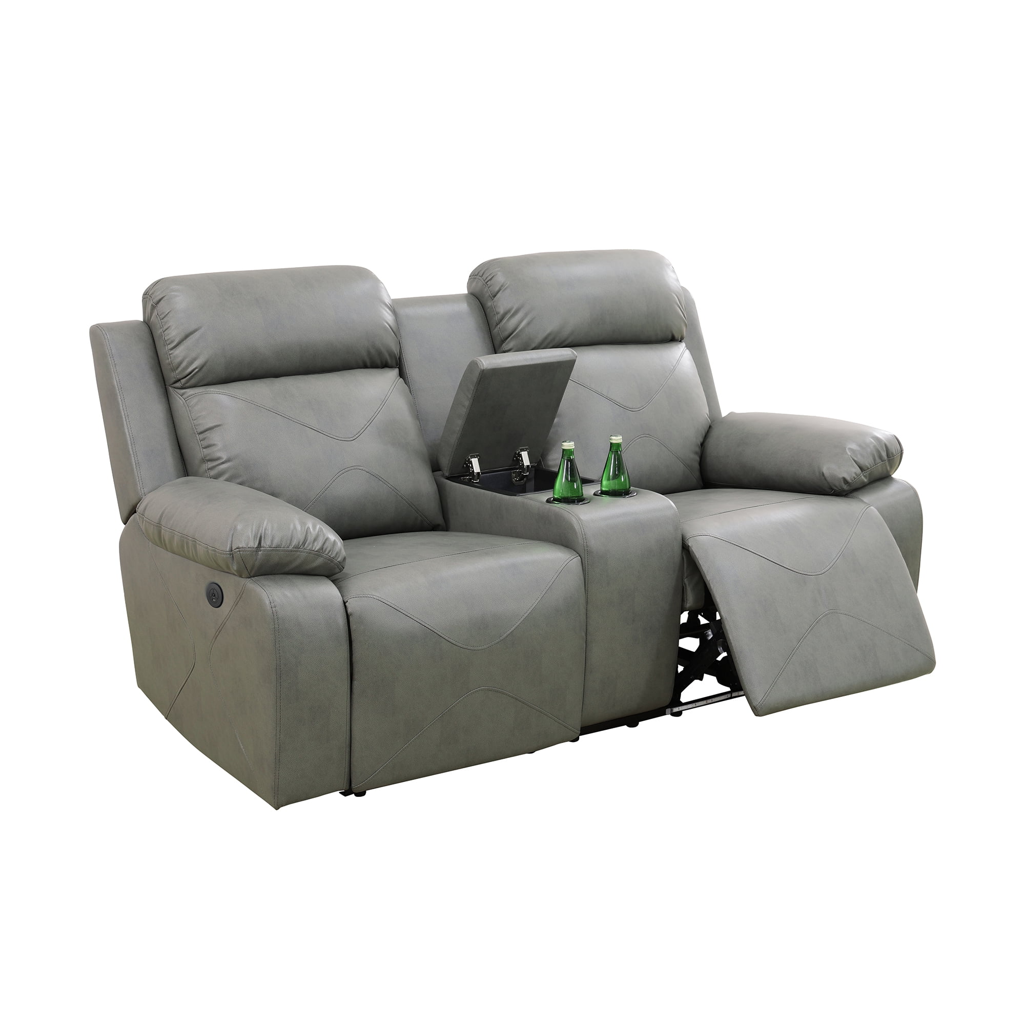 Gewnee Silver Gray Loveseat with Console & Cup Holders,Air Leather & High-Elastic Sponge, Adjustable Recline for Living Room Relaxation