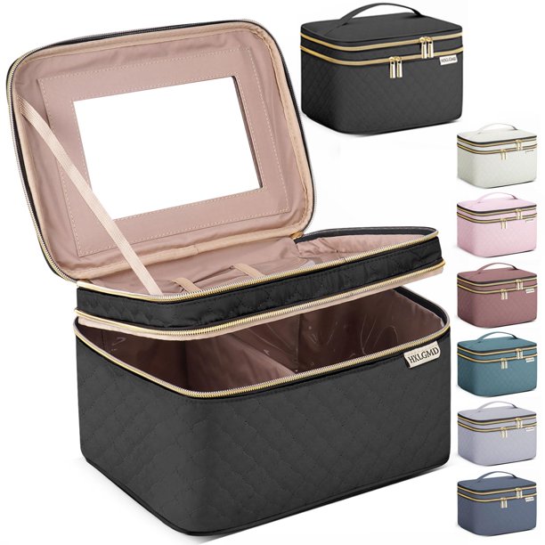 Bolsa de maquillaje HXLGMD grande con espejo, funda de viaje de doble capa