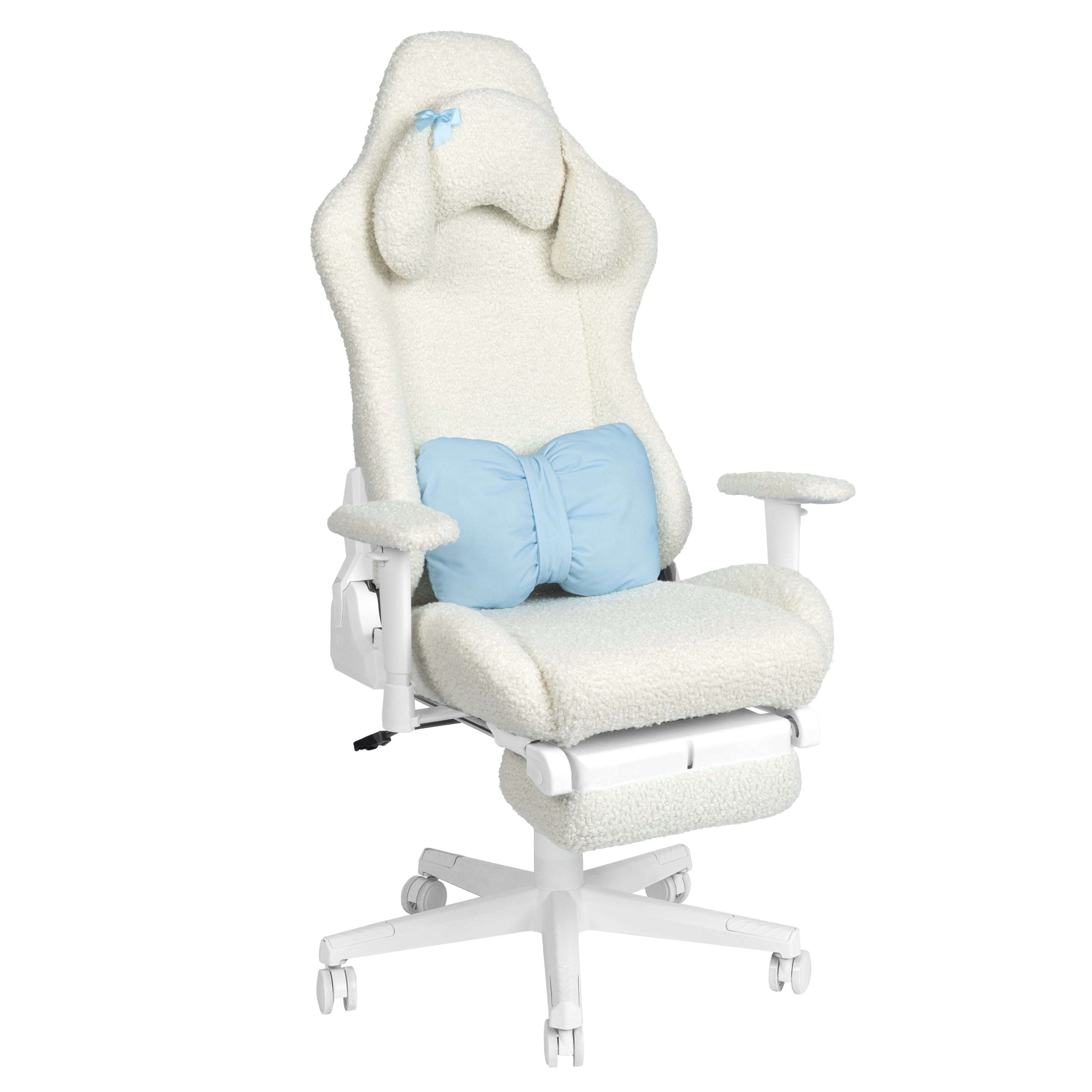 Techni Sport White Bunny Gaming Chair – Bouclé Fabric, Lumbar Pillow, Footrest, Headrest Pillow, Adjustable