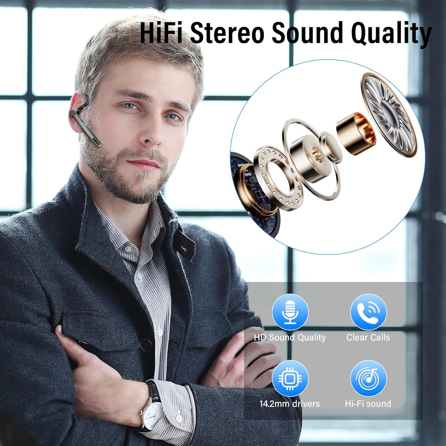 Bluetooth Headset, Wireless Earpiece with ENC Microphone, Single-Ear Bluetooth Earpiece V5.3 with Earhook, 60H Talktime, IP7 Waterproof Hands Free Earphones for for Business/Office, Carbon Black