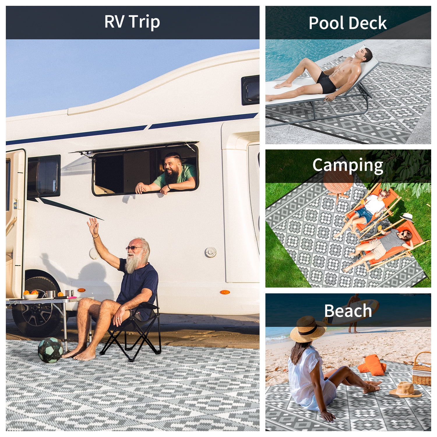 SIXHOME Outdoor Rug 9'x12' Waterproof Reversible Patio Rug Modern Lightweight Plastic Straw Indoor Outdoor Rug for RV Camping Deck Balcony Porch Boho Patio Decor Outdoor Carpet Light Gray