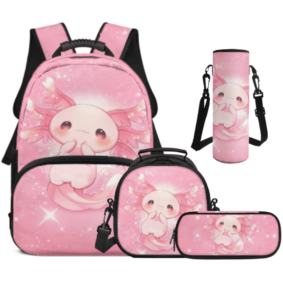 Binienty 4 Piece Daypack School Backpack Set, with Kids Lunch Bag, Stationery Organizer, Cup Protector, Anti-Scratch Polyester for School Travel Hiking