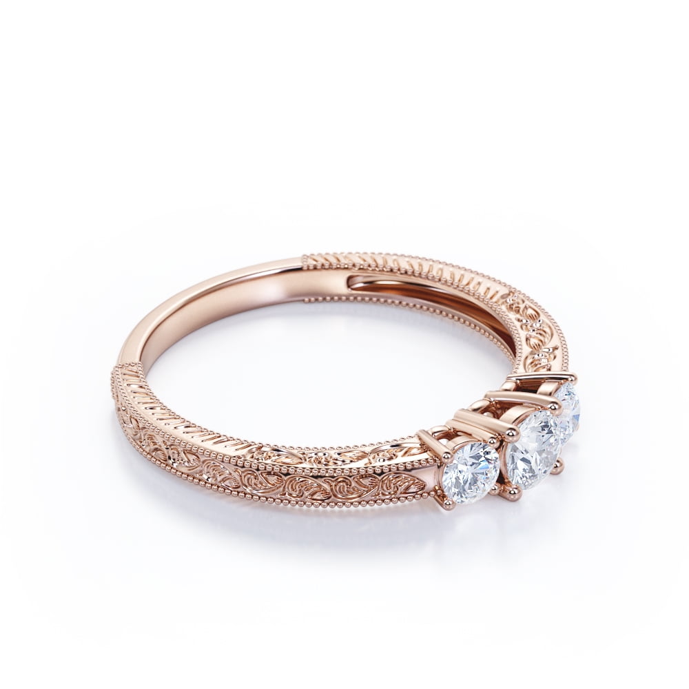 JeenMata 1 Carat Round Cut Moissanite Engagement Ring - Bridal Ring - Three Stone Ring - Trilogy Ring - 18k Rose Gold Over Silver