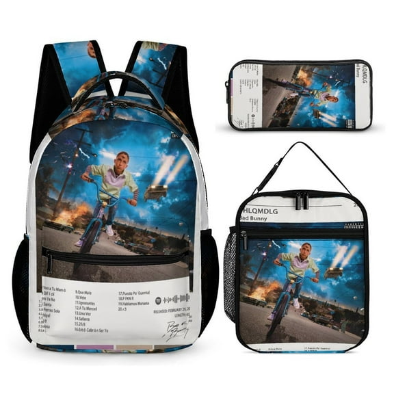 Bad Bunny YHLQMDLG Album Cover Poster 3 PC Backpack Set Casual School Bag Daypack with Lunch Bag Outdoor Travel Large Capacity BagsOne Size