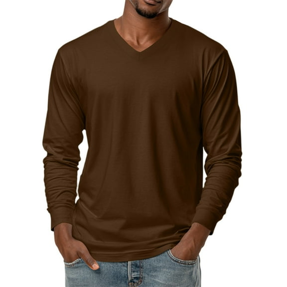 Men's V-Neck Solid Color Long Sleeve T-Shirt Casual Basic Tee Minimalist Style Loose Fit Comfortable Everyday Crew Top,Brown,L