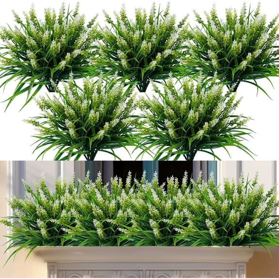 Artificial Flowers for Outdoor Plants - 24 Bundles Fake Lavender & Faux Monkey Grass, UV Resistant Plastic Greenery Bushes for Planters, Front Porch Patio Window Box Garden Decor