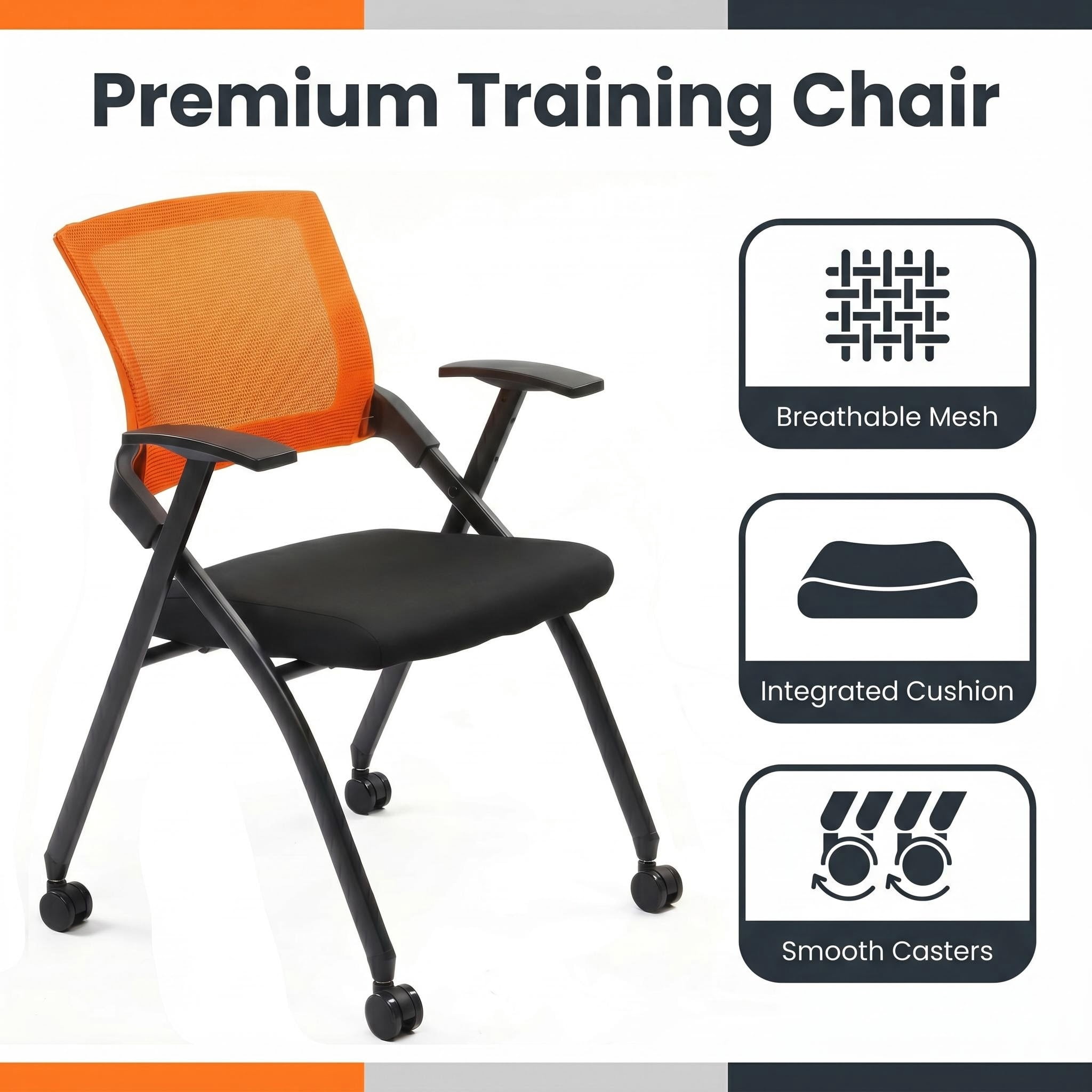 2 Pack Stackable Conference Room Chairs with Wheels, Folding Office Chair with Rebound Back, Padded Seat for Training Room, Guest, Reception, Event, Capacity 350lbs, Orange