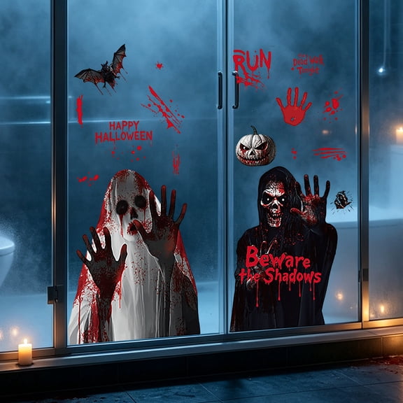 Halloween Window Clings,Scary Ghost Skeleton Zombie Static Stickers Window Decals With Blood Handprint Bats Pumpkin Design Home Glass Party Decoration Indoor Holiday Spooky Scene Display (red)
