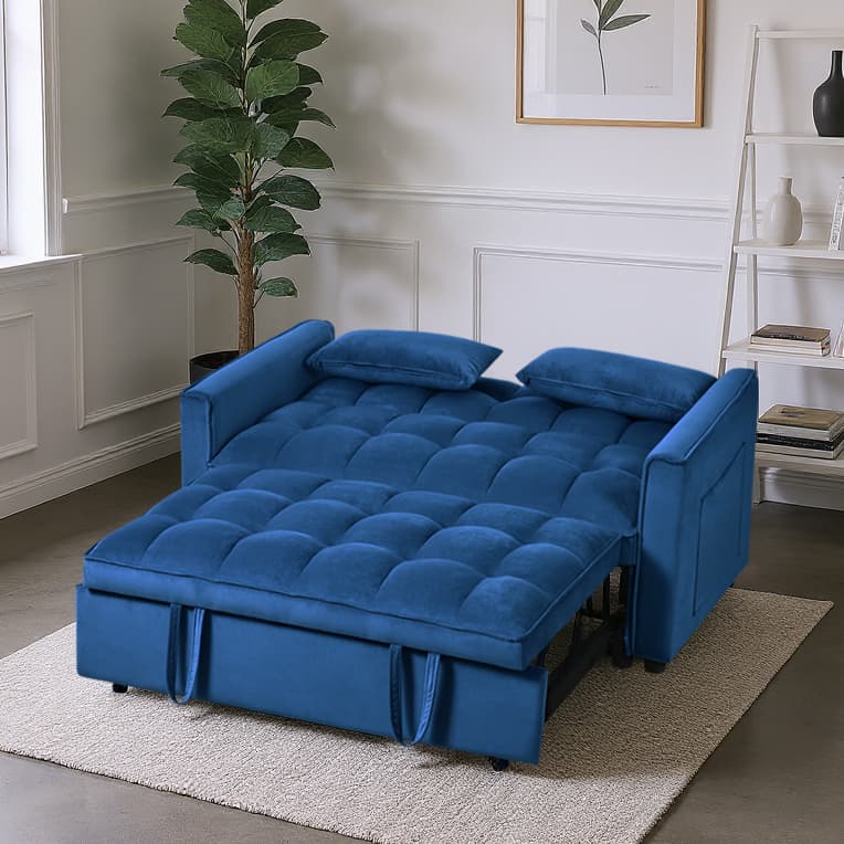 Gewnee 3-in-1 Convertible Futon Sofa Bed – 52.75" Velvet Pull-out Sofa Bed with Reclining Backrest,Side Pockets & 2 Toss Pillows – for Living Room,Apartment,Dorm(Navy Blue）