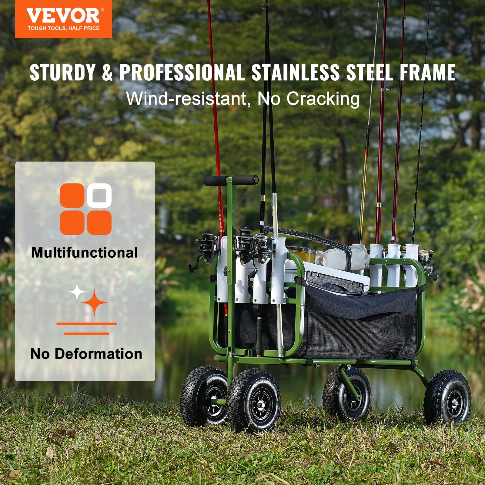 KFFKFF Beach Fishing Cart Foldable Fishing Trolley 300 lbs with Balloon Tires