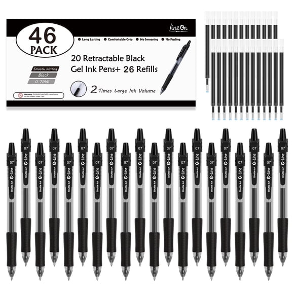 Lineon 46 Pack Black Gel Ink Pens (20 Gel Pens with 26 Refills) Medium Point Retractable Writing Smooth Writing with Comfortable Grip for Office School