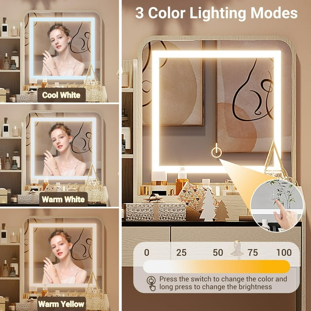 GloryStar Vanity Desk with LED Light Mirror and Charging Station - Spacious Tabletop with 2 Drawers and Open Shelf, Hidden Storage Stool, 3-Mode Adjustable LED Lighting