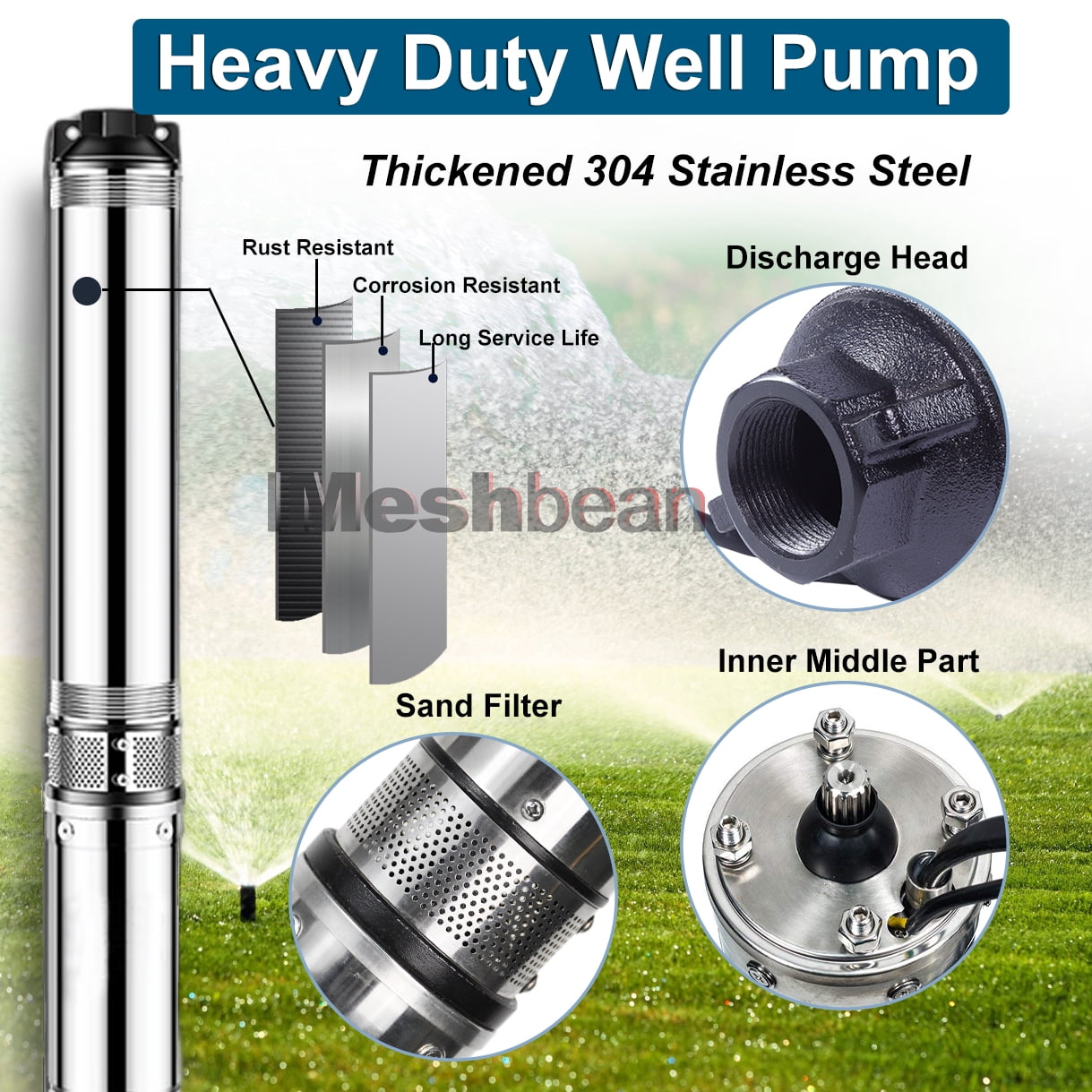 iMeshbean Submersible Well Pump, 2HP 4" Deep Well Pump 220V-60Hz/ 37 GPM/ 427FT Max Lift/ 100FT Cord 12 Stage