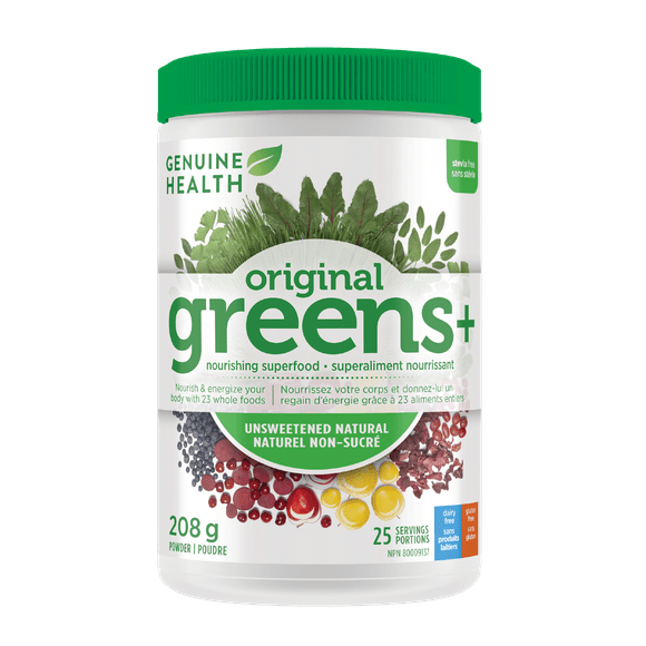 Genuine Health Greens+ Original, 25 servings, 208g, Superfoods, antioxidants and polyphenols to nourish and energize your body, natural Unsweetened powder, Dairy and Gluten-free