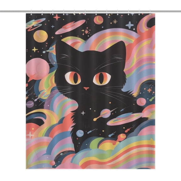 Cute Planet Cat Shower Curtain for Bathroom with 12Hooks, Polyester Fabric Thick Shower Curtain Washable Waterproof Curtain