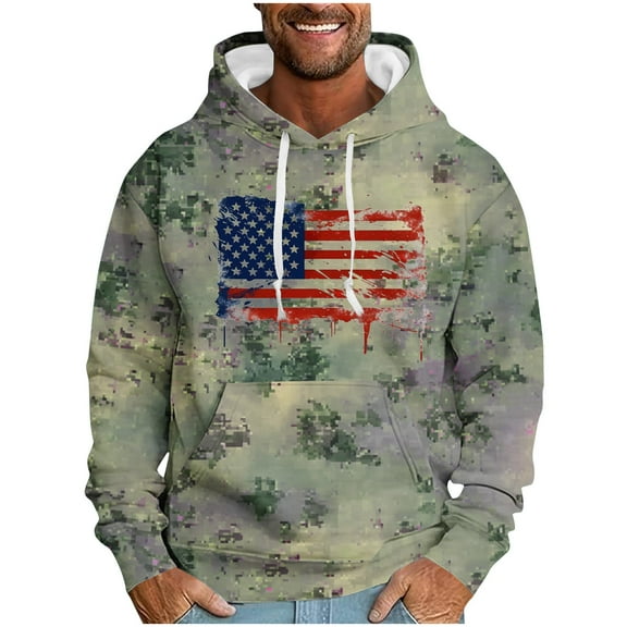 ZCFZJW Mens Patriotic Hoodie Tops Casual Camo US Flag Pattern Print Long Sleeve Drawstring Hooded Pullover Sweatshirts Loose Lightweight Graphic T-Shirts with Pockets Army Green XXXL