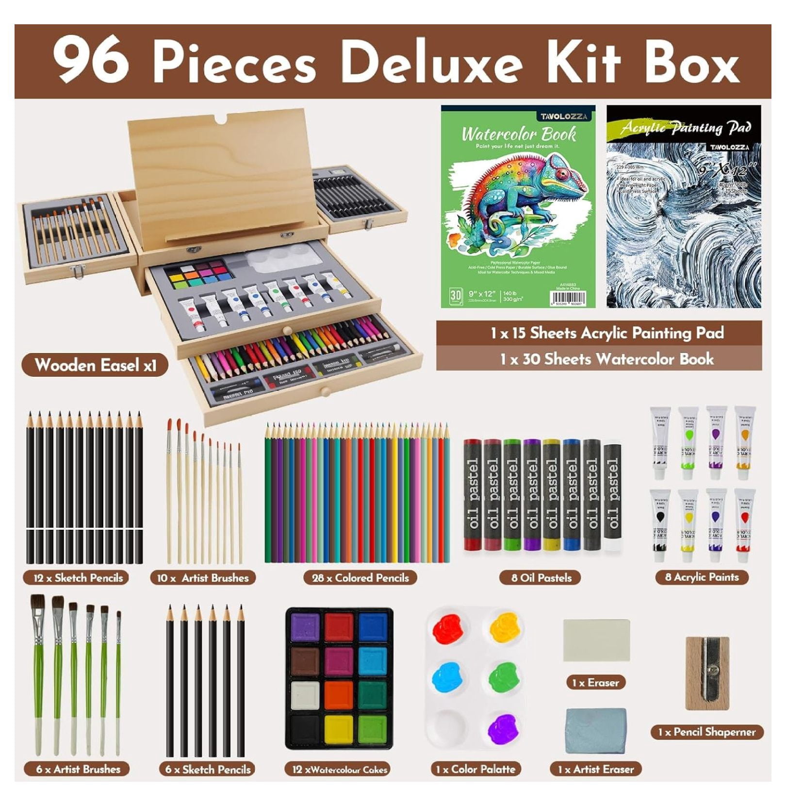96 Piece Premium Wooden Art Set with 2 Drawing Pads - Painting & Drawing Supplies Kit with Watercolor, Acrylic Paints, Brushes & More Art Supplies for Artists Adults Teens Girls