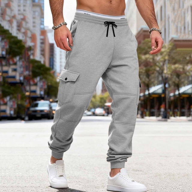 Ceisia Men Solid Color Fleece Multi Pocket Work Pants Loose Drawstring Gift Elastic Cuff Trousers