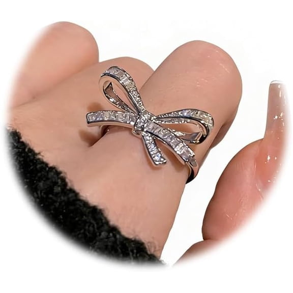 Gold Rhinestone Bow Knuckle Ring,Cute Shiny Multi Row Cubic Zirconia Statement Ring,Silver Shiny Engagement Wedding Band Jewelry Gift