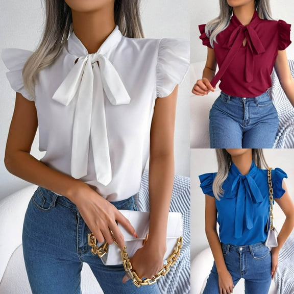 HAPIMO Women's Trendy Chiffon Loose Tops Elegant Casual Relaxed Blouses Solid Color Keyhole Neck Bowknot Pullover for Teen Girls Summer Tees Ruffle Sleeve Blue XL