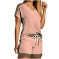 thumbnail image 2 of HOZADOIE Pink Two Piece Sets for Women Patterned Print Spring Summer Stylish Solid Color Short Sleeve V Neck Versatile T Shirt Top Elastic Drawstring Waist Casual Shorts Matching Sets, 2 of 5